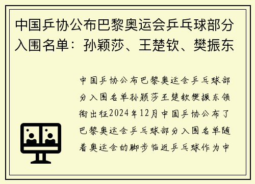 中国乒协公布巴黎奥运会乒乓球部分入围名单：孙颖莎、王楚钦、樊振东领衔出征